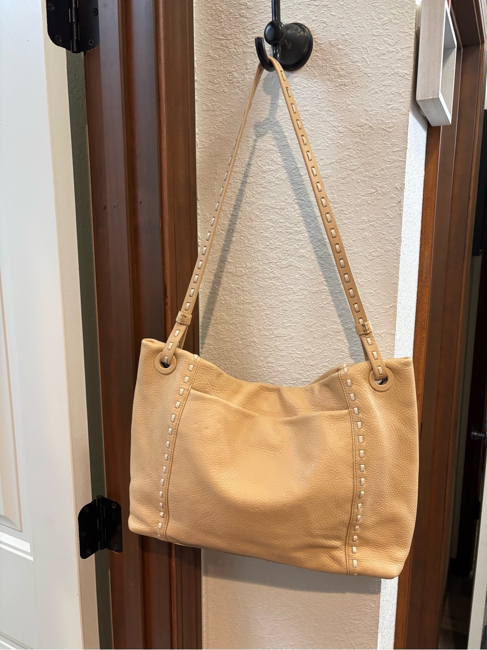 Monsac Pebbled Leather Shoulder Bag in Beige Tan